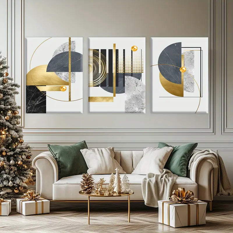 3pcs Artistic Abstract Shapes Gold Classic Design Metal Print Ready to Hang Art