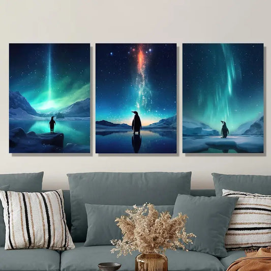 3pcs Northern Lights Penguin Aurora Borealis Metal Print Ready to Hang Art