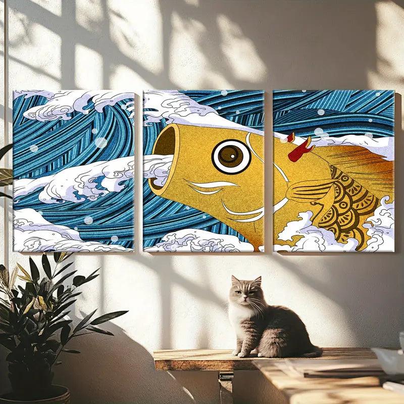 3pcs Japanese Style Ocean Wave & Fish Design Metal Print Ready to Hang Art