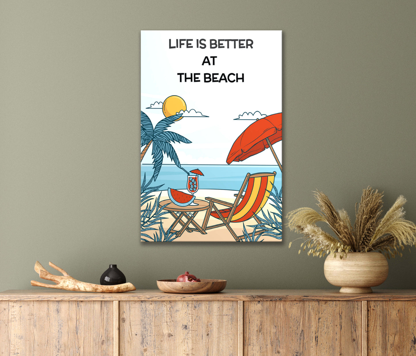 Life Is Better at Summer Beach with A Chair and Umbrella Print 100% Australian Made 40x60cm Stretched Canvas Ready to Hang