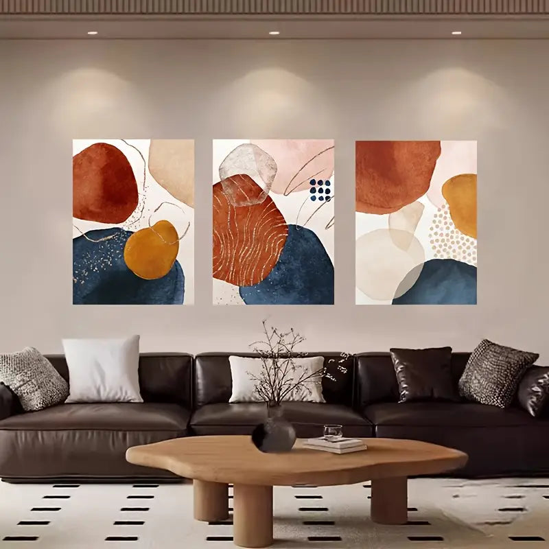 3pcs Blue Orange Dark Red Design Painting Metal Print Ready to Hang Art