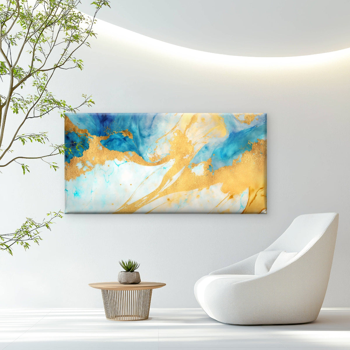 Azure Gold Fluid Drift Wall Art Canvas Office Home Room Framed 80x45cm