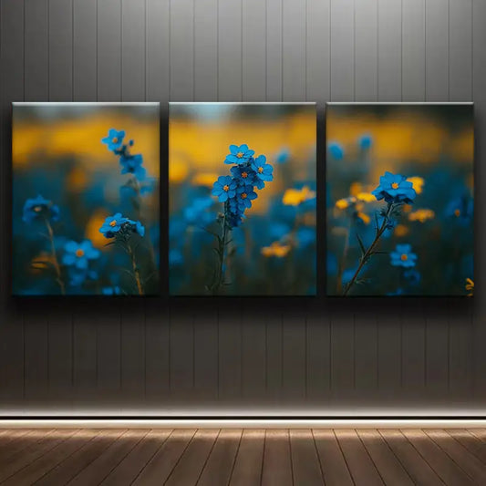 3pcs Blue and Yellow Wildflowers Photograph Metal Print Ready to Hang Art