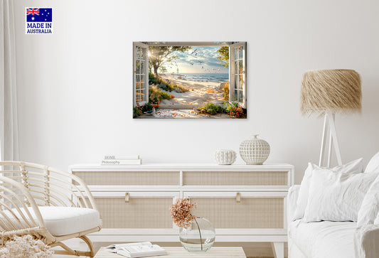 Sunlight Beach Light House Bloom Window View Print 100% Australian Made 60x40cm Stretched Canvas Ready to Hang