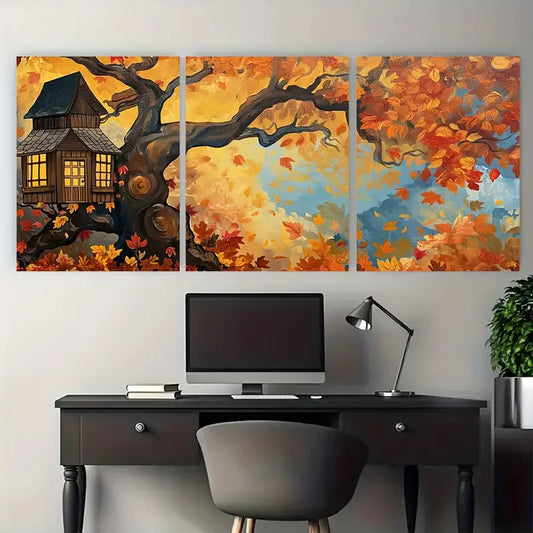 3pcs Autumn Treehouse Fall Foliage Metal Print Ready to Hang Art