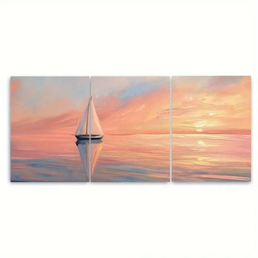 3pcs Sailboat Sailing Ocean At Sunset Metal Print Ready to Hang Art