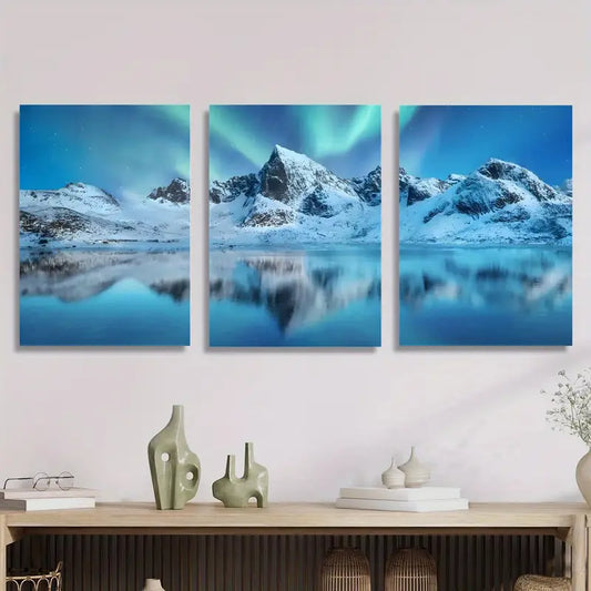 3pcs Snowy Mountain Lake Scenes Northern Lights Metal Print Ready to Hang Art