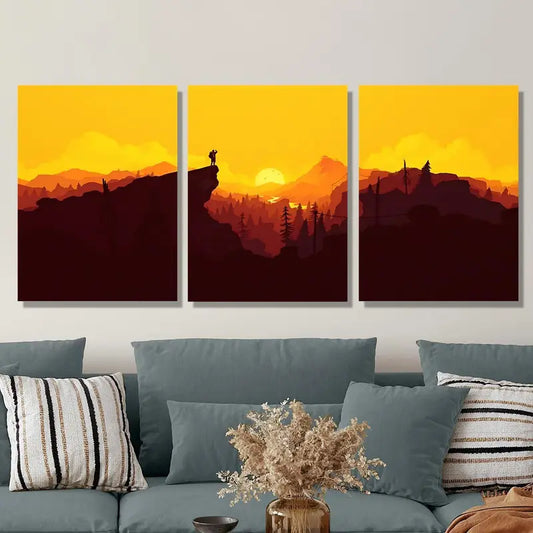 3pcs Men & Sunset Mountains Golden Sky Metal Print Ready to Hang Art