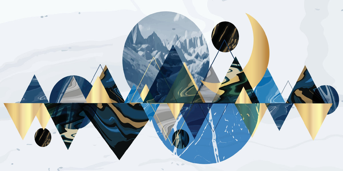 Geometric Blue Gold Mountains Wall Art Canvas Office Home Room Framed 80x45cm