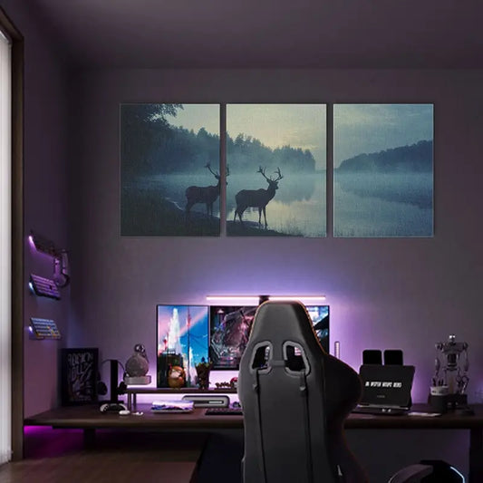 3pcs Nature Scene with Two Deer and Elk by the River Metal Print Ready to Hang Art