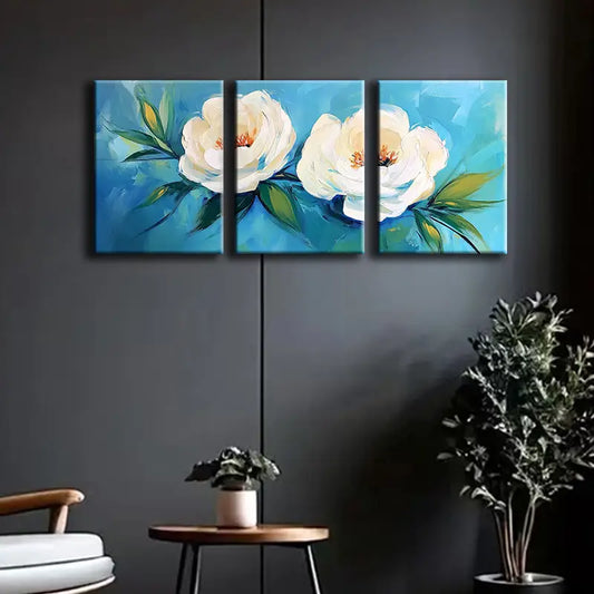 3pcs White Flowers with Blue Leaves Metal Print Ready to Hang Art
