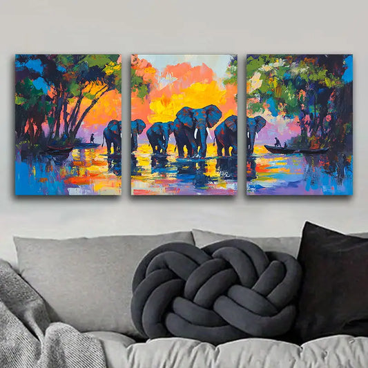 3pcs Elephant Walking Design Metal Print Ready to Hang Art