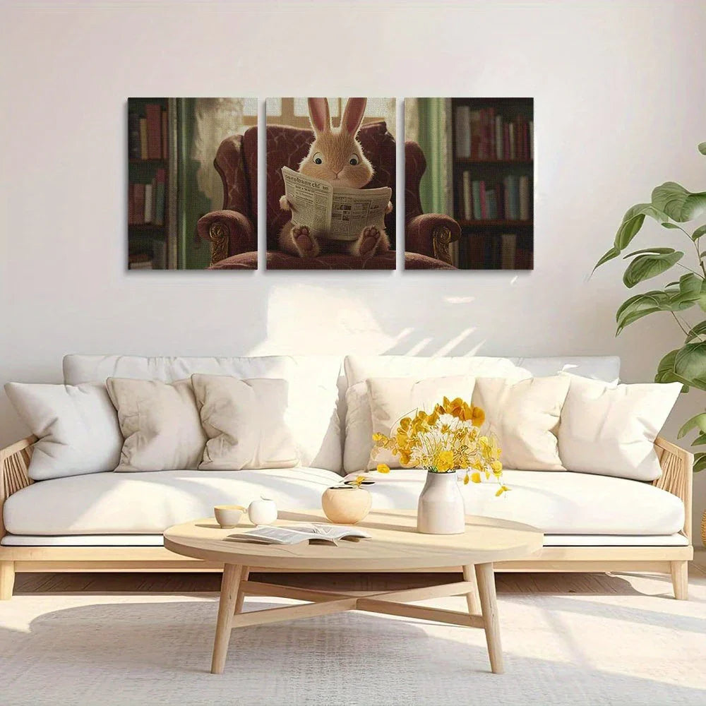 3pcs Adorable Bunny with Newspaper Classic Design Metal Print Ready to Hang Art