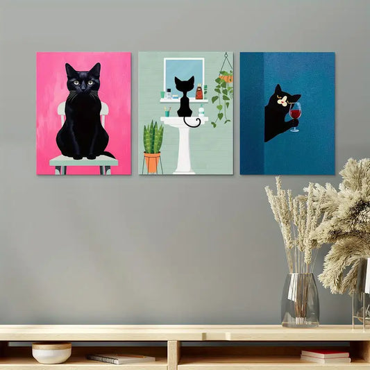 3pcs Black Cat on White Chair, Curious Cat with Wine Glass Metal Print Ready to Hang Art