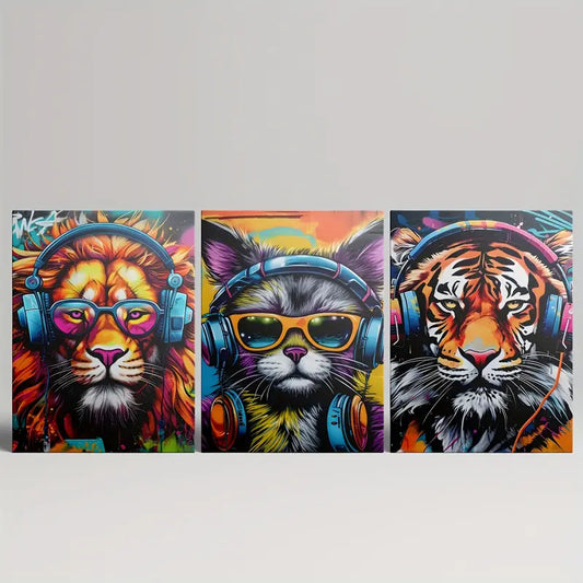 3pcs Vibrant Graffiti Animals with Headphones, Lions & Tigers Metal Print Ready to Hang Art
