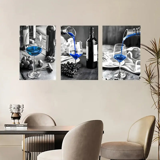 3pcs Black & White Blue Wine Pouring Metal Print Ready to Hang Art