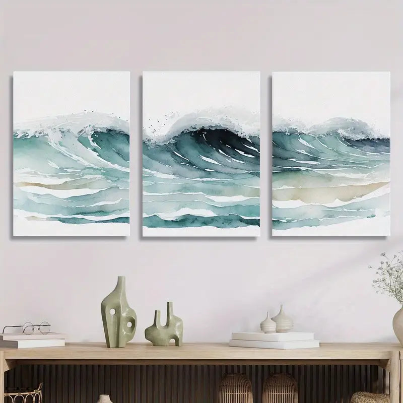 3pcs Ocean waves watercolor painting Metal Print Ready to Hang Art