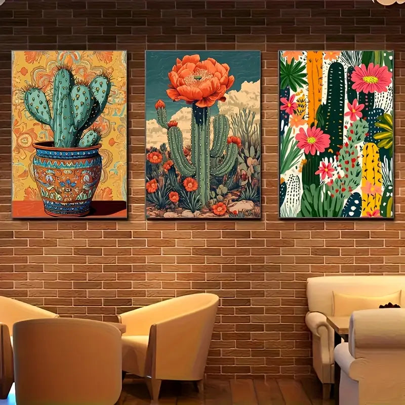 3pcs Vintage Mexican Cactus and Flower Metal Print Ready to Hang Art