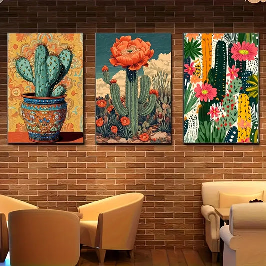 3pcs Vintage Mexican Cactus and Flower Metal Print Ready to Hang Art