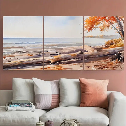 3pcs Fall Trees Scene Ocean Waves Beach Metal Print Ready to Hang Art