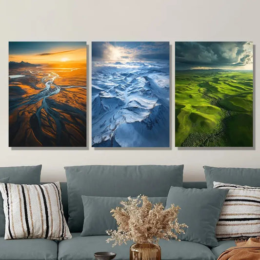 3pcs Hekou Snow Mountain Sunset Aerial Scenery Metal Print Ready to Hang Art