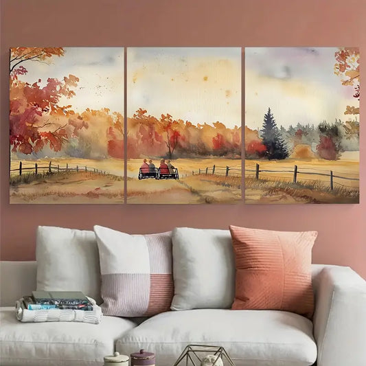 3pcs Fall Foliage Family On Hayride Metal Print Ready to Hang Art
