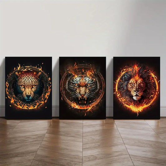 3pcs Leopard, Tiger, Lion with Fiery Flames Vibrant Animal Metal Print Ready to Hang Art