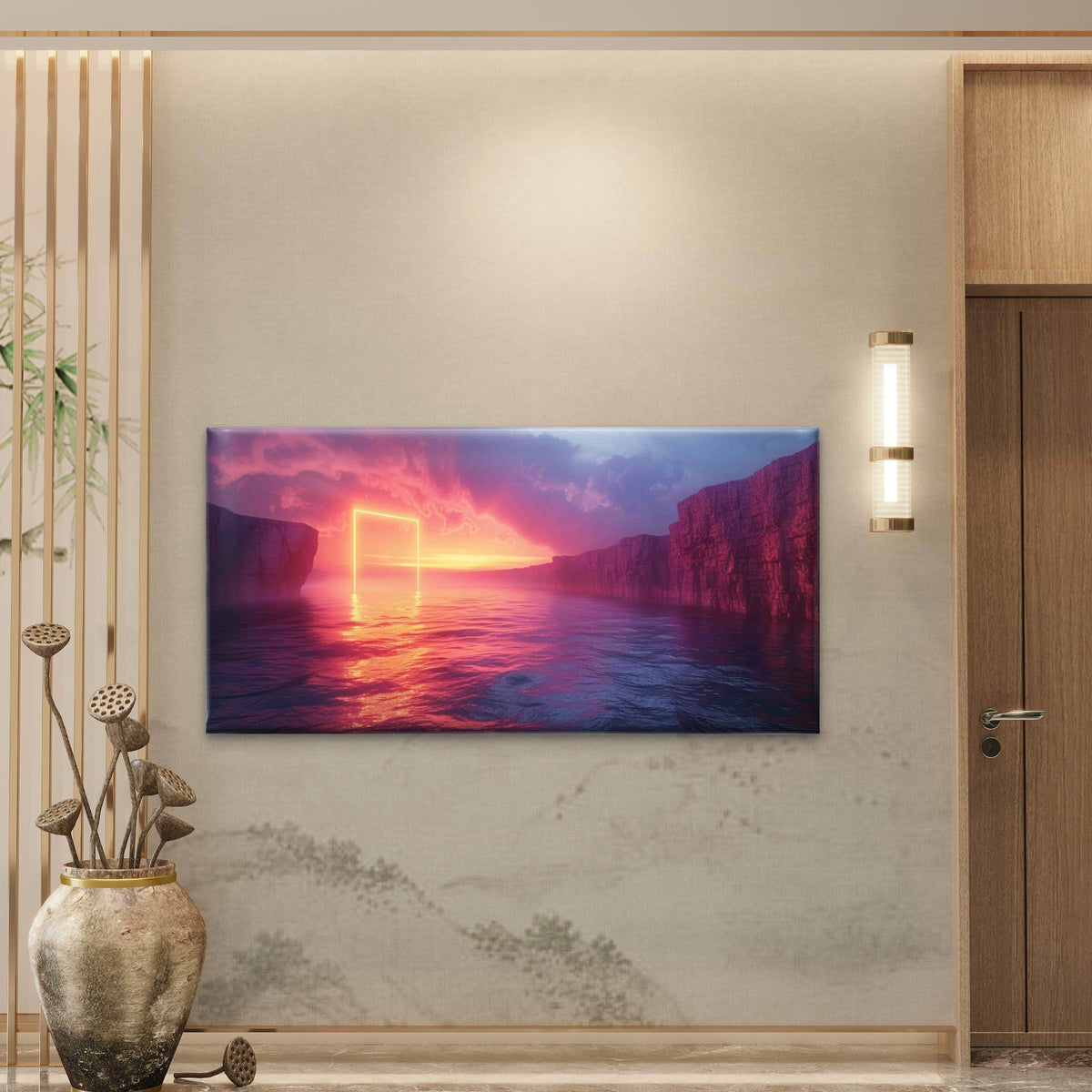 Neon Gate Surreal Seascape Wall Art Canvas Office Home Room Framed 120x60cm