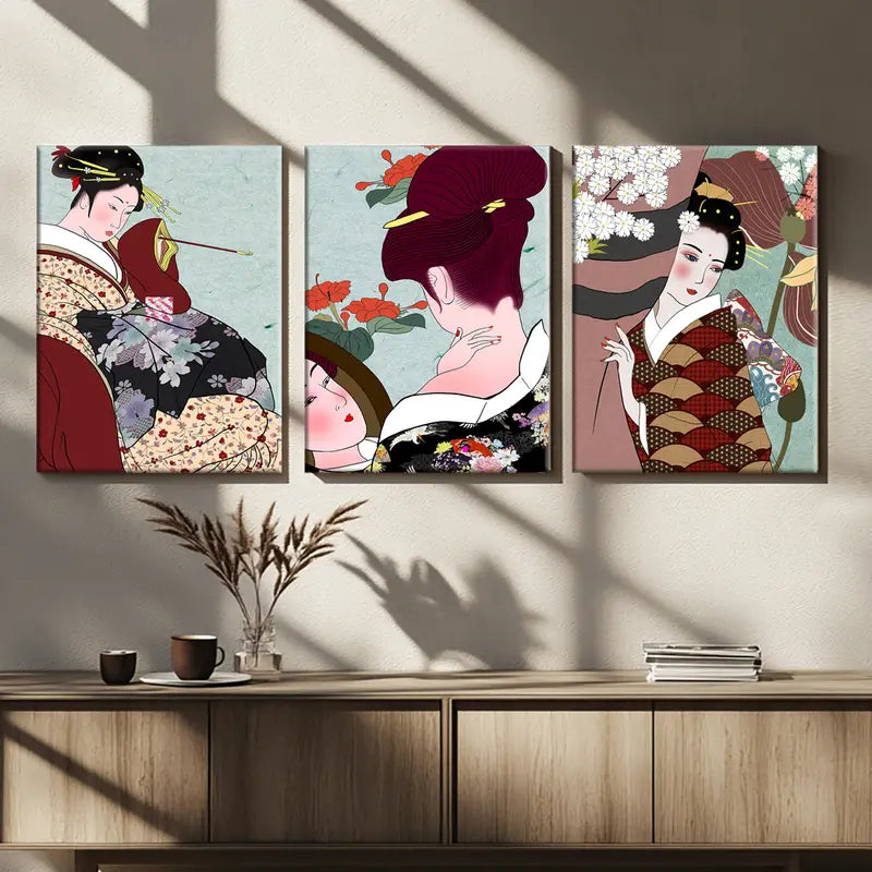 3pcs Japanese Retro Ladies Fashion Design Metal Print Ready to Hang Art
