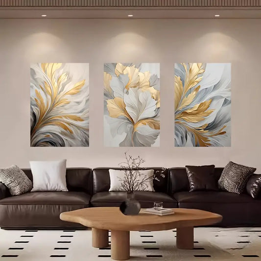 3pcs Golden Leaf Vibrant White Abstract Metal Print Ready to Hang Art