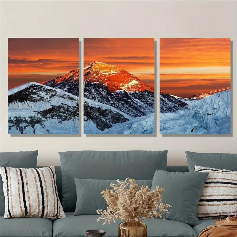3pcs Mount Everest Sunset Vibrant Orange Metal Print Ready to Hang Art