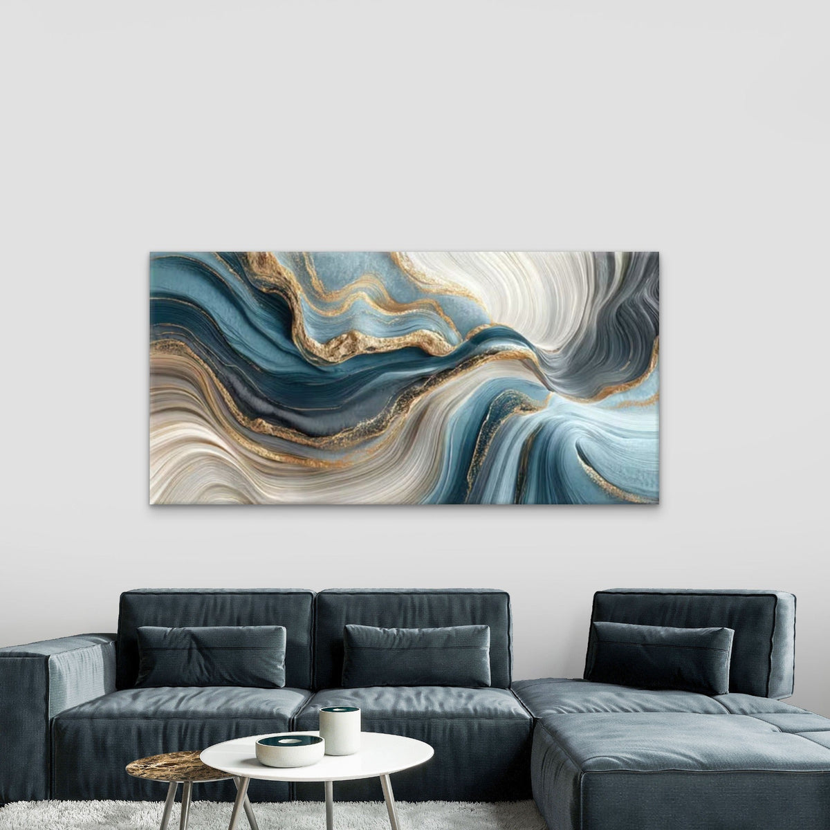 Abstract Geode Waves Blue Wall Art Canvas Office Home Room Framed 80x45cm