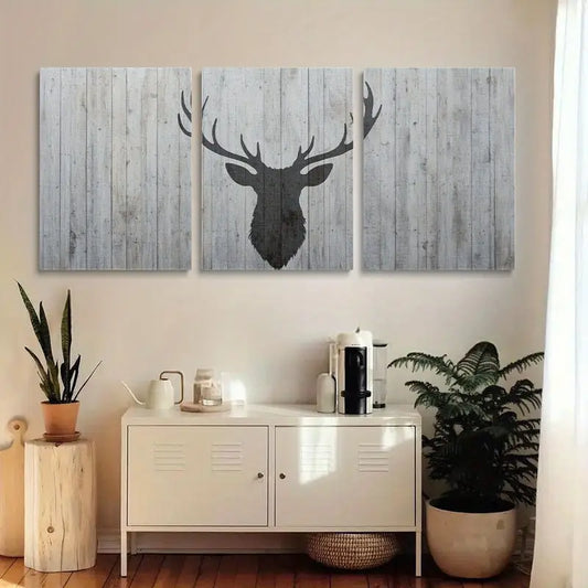 3pcs Black Deer Head Classic Design on Wood Metal Print Ready to Hang Art