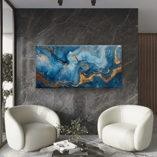 Abstract Blue Gold Marble Wall Art Canvas Office Home Room Framed 80x45cm