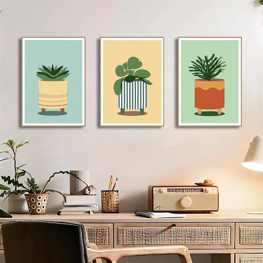 3pcs Modern Cartoon Houseplant Soothing Green & Yellow Metal Print Ready to Hang Art