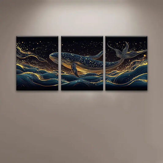 3pcs Whale Amidst Waves Under a Magical Night Sky Metal Print Ready to Hang Art