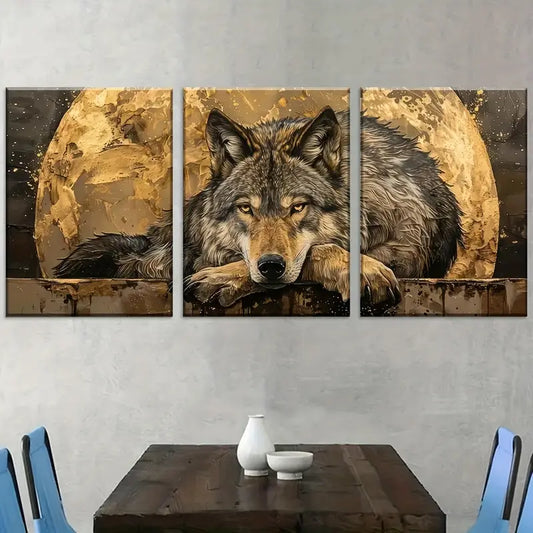 3pcs Light Luxury Modern Golden Wolf Animal Wall Art Set Canvas Framed 40x60cm - High Quality Print 100% Australian Made Wall Canvas Ready to Hang