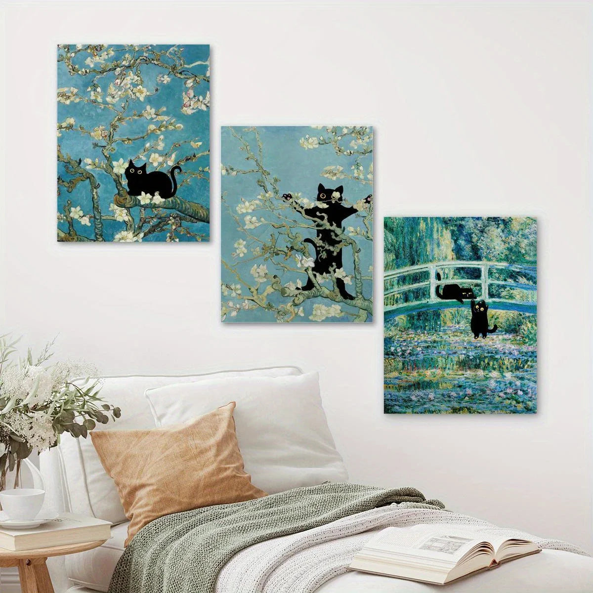 3pcs Classic Modern Cat Animal Design Blue White Metal Print Ready to Hang Art