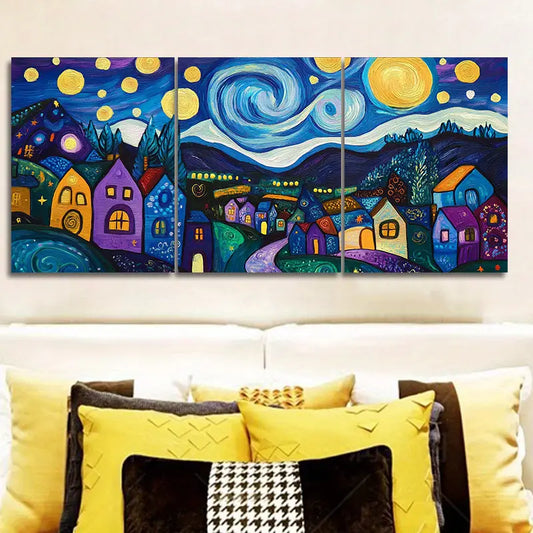 3pcs Starry Night Village Metal Print Ready to Hang Art