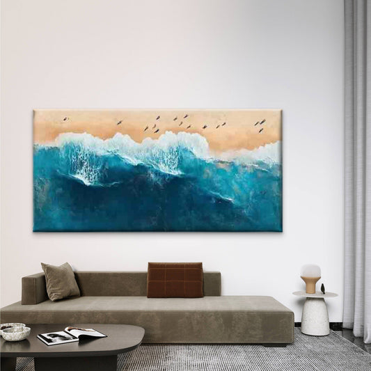 Aerial Ocean Waves Sandy Beach Wall Art Canvas Office Home Room Framed 80x45cm