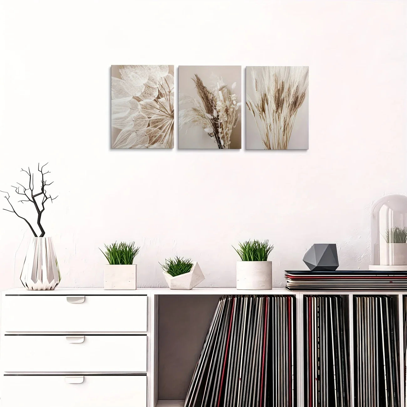 3pcs Bohemian Beige Flowers Dandelion, Reed, Wheat Metal Print Ready to Hang Art