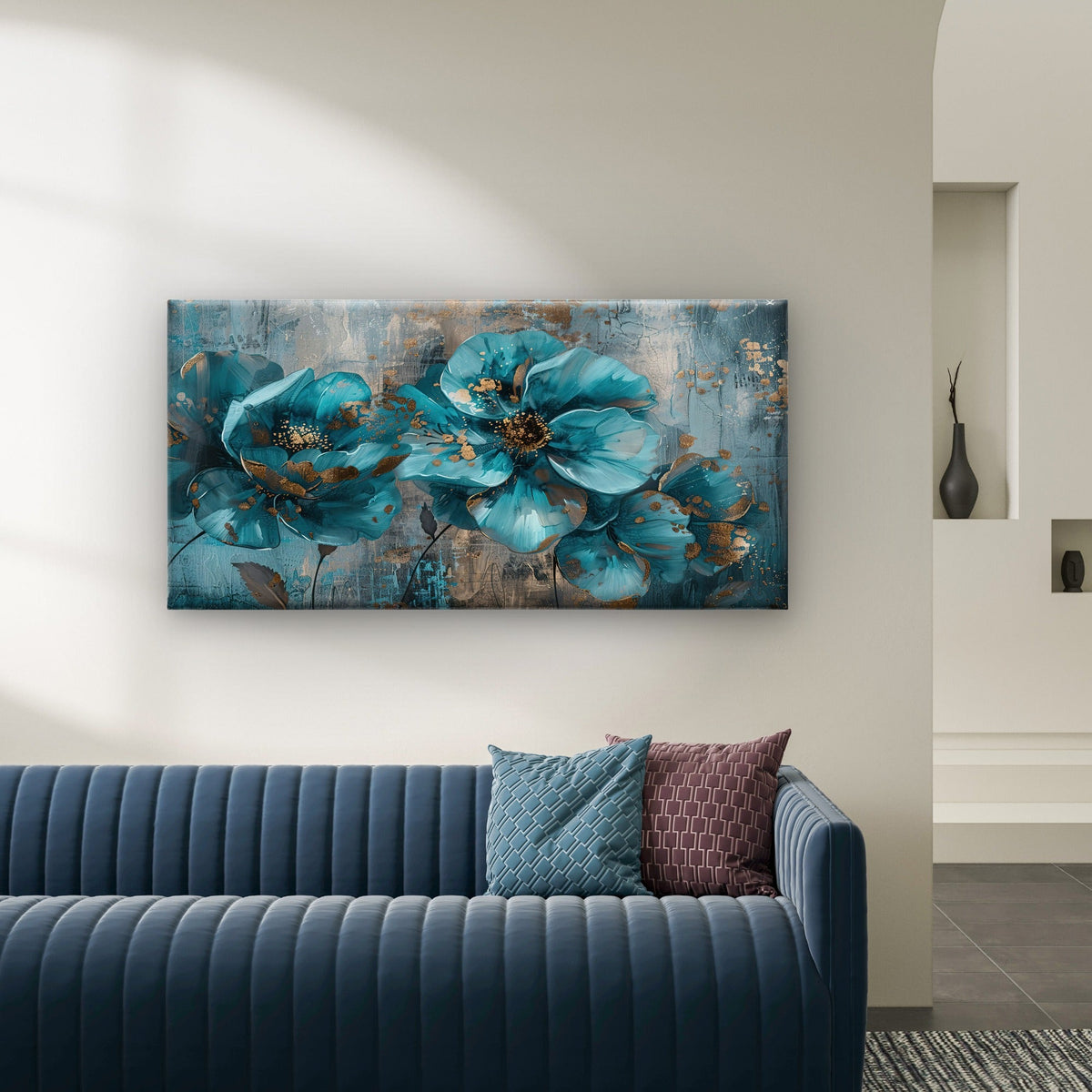 Teal Blue Gold Floral Abstract Wall Art Canvas Office Home Room Framed 120x60cm