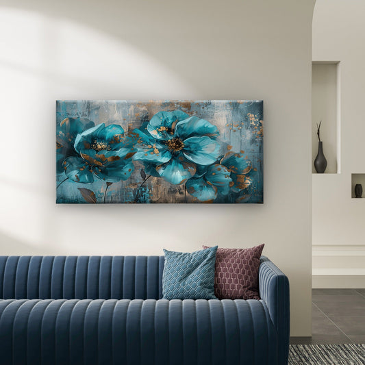 Teal Blue Gold Floral Abstract Wall Art Canvas Office Home Room Framed 80x45cm