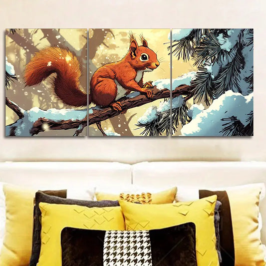 3pcs Rustic Wooden Festive Squirrel on Branch Metal Print Ready to Hang Art
