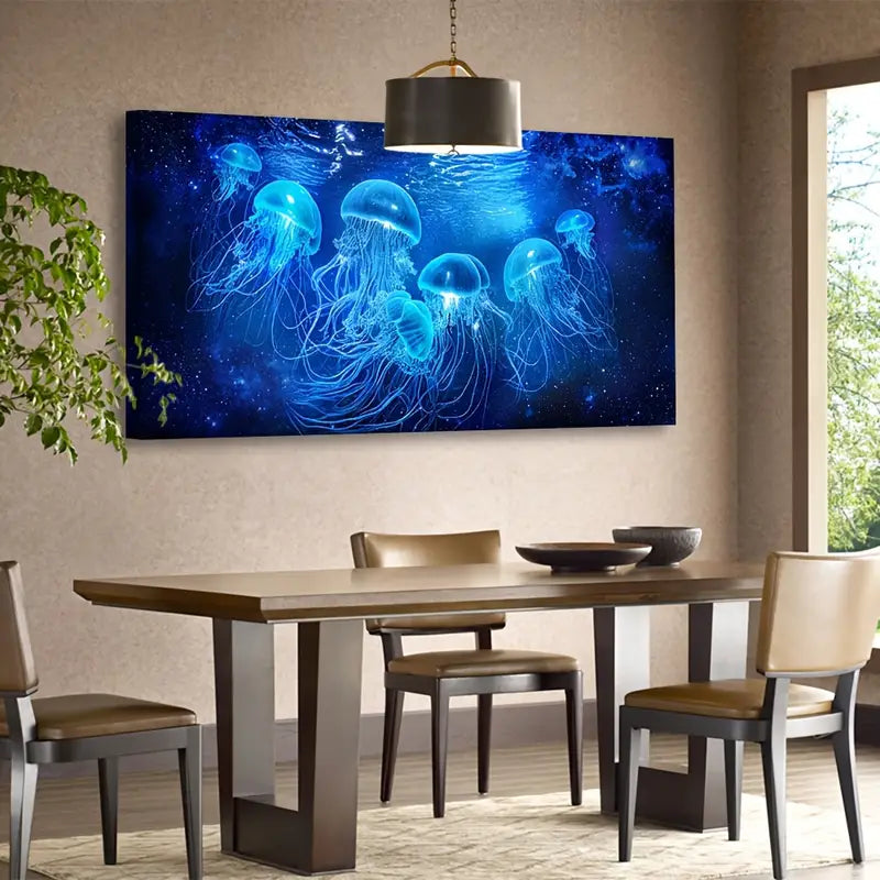 Modern Coastal Style Blue Jellyfish Ocean World Wall Art canvas office home room framed 120x60cm