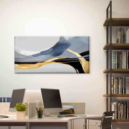 Golden Horizon Abstract Wall Art Canvas Office Home Room Framed 80x45cm