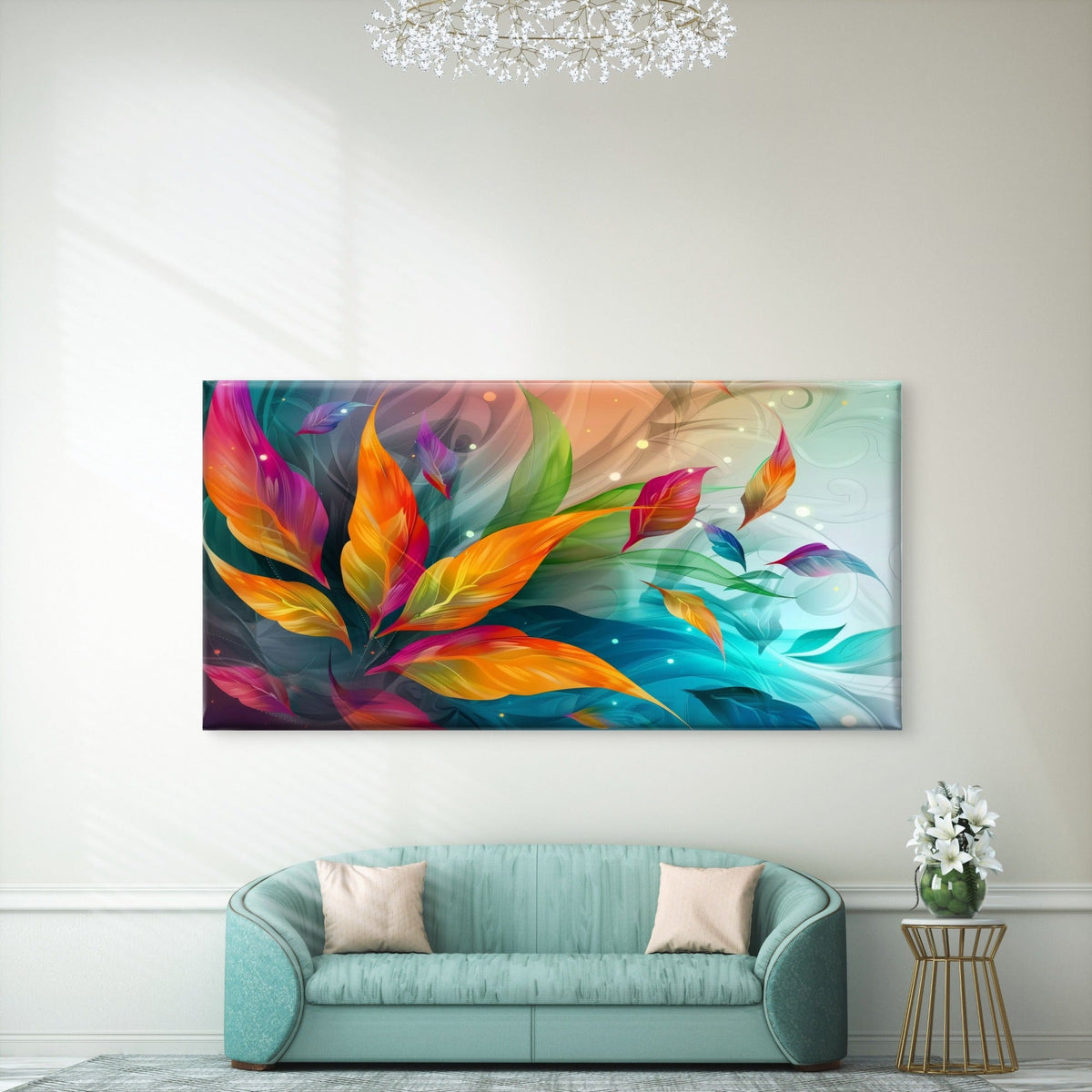 Vibrant Abstract Leaf Artwork Wall Art Canvas Office Home Room Framed 80x45cm