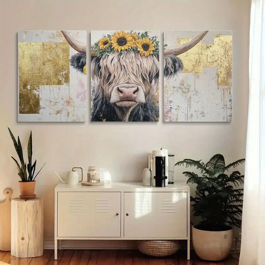 3pcs Highland Cow with Sunflowers Vibrant Watercolor Metal Print Ready to Hang Art