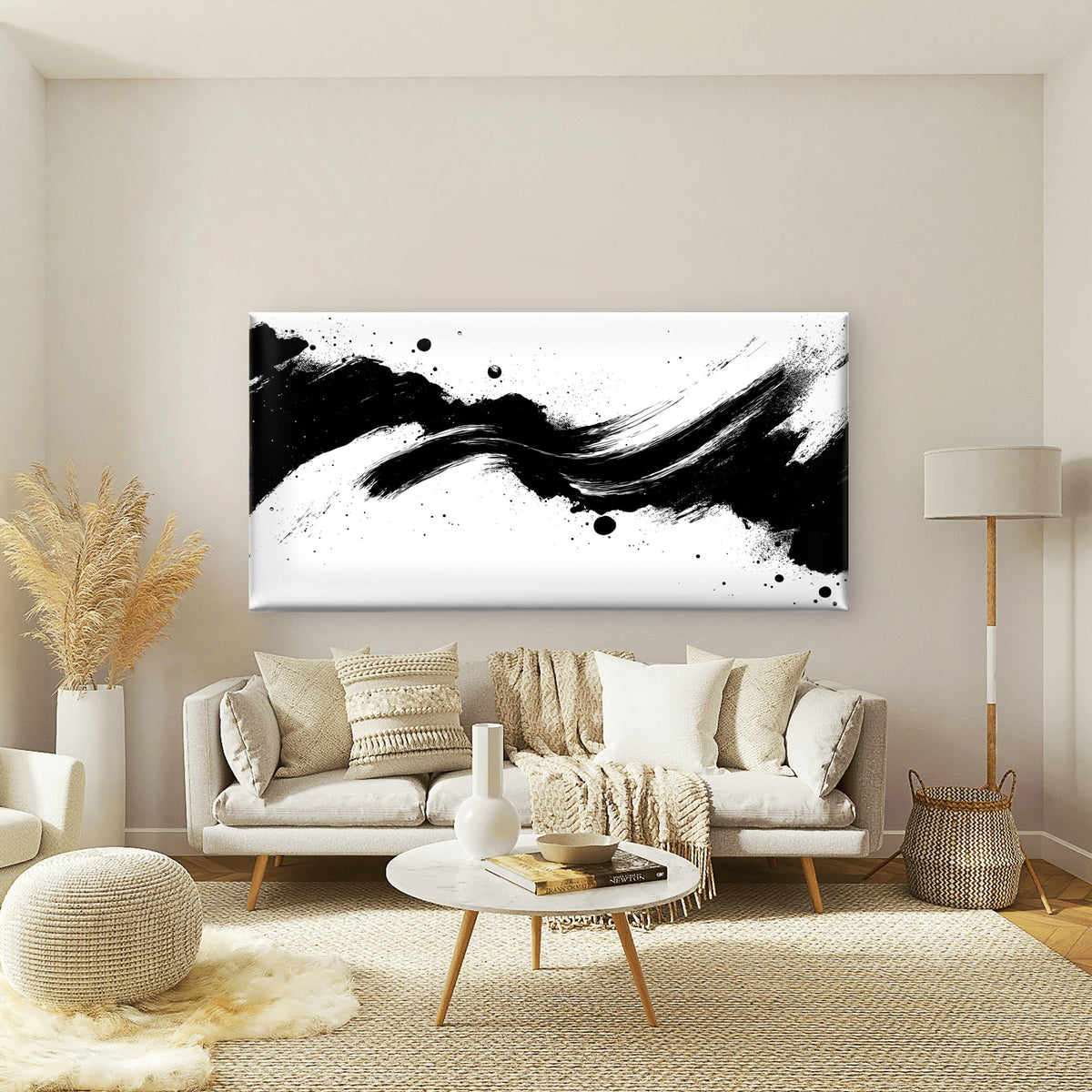Zen Ink Brush Stroke Wall Art Canvas Office Home Room Framed 80x45cm