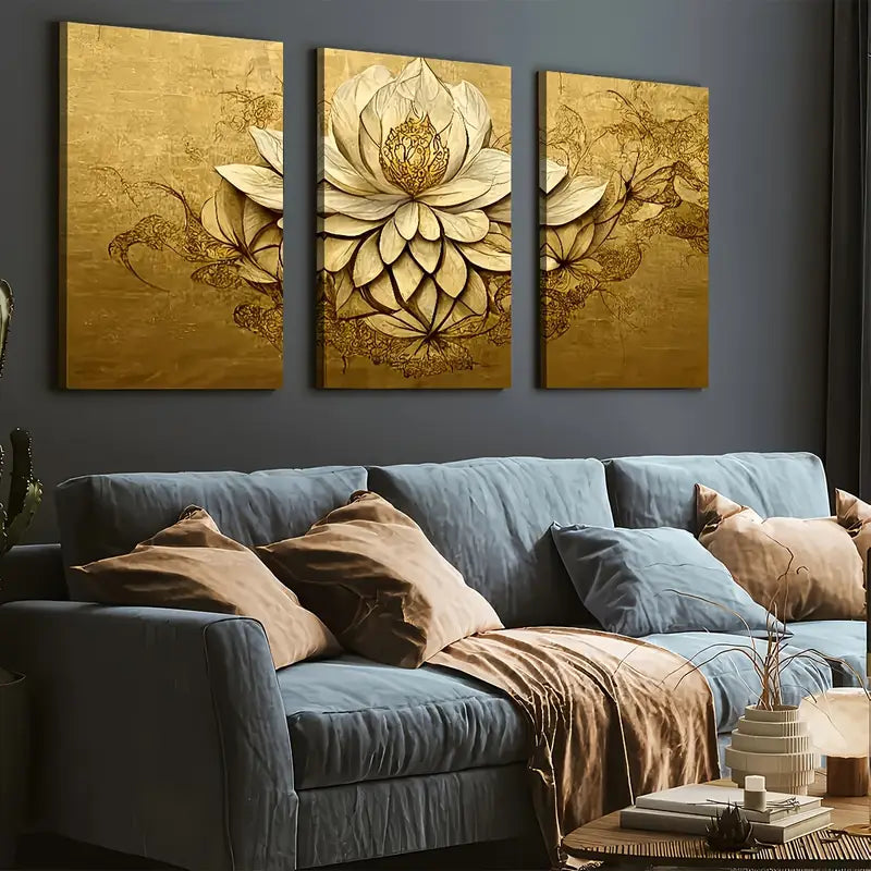 3pcs Retro Style Golden Light Luxury Flower Art Wall Art Set Canvas Framed 40x60cm - High Quality Print 100% Australian Made Wall Canvas Ready to Hang